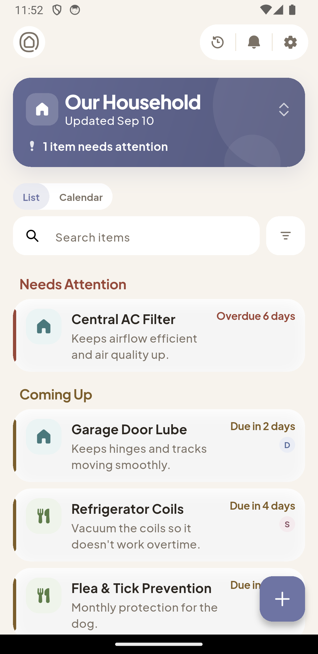 The Loopkeep dashboard, with maintenance items grouped by urgency
