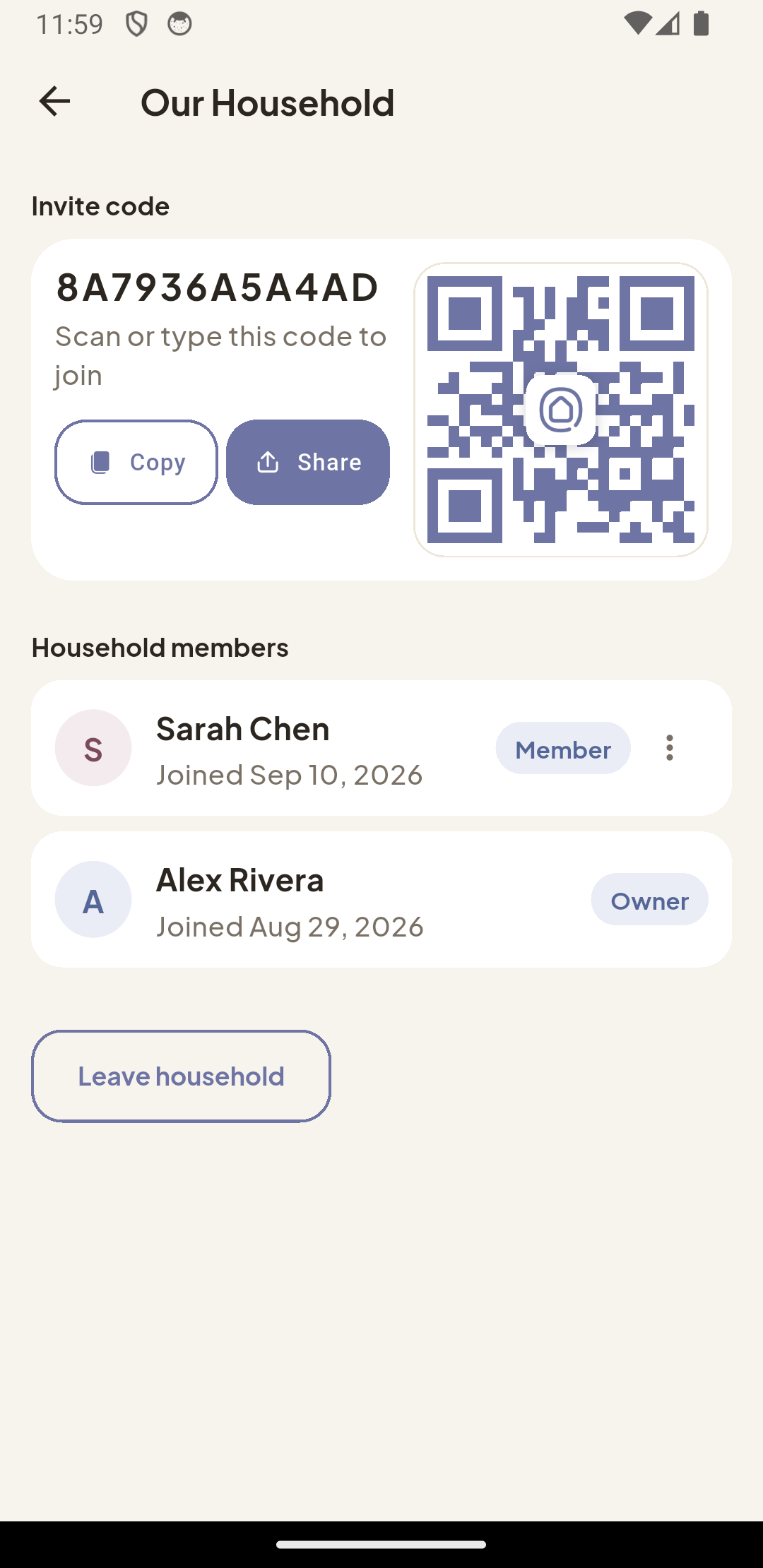 The household members screen, with the member roster and an invite code shown as a QR code