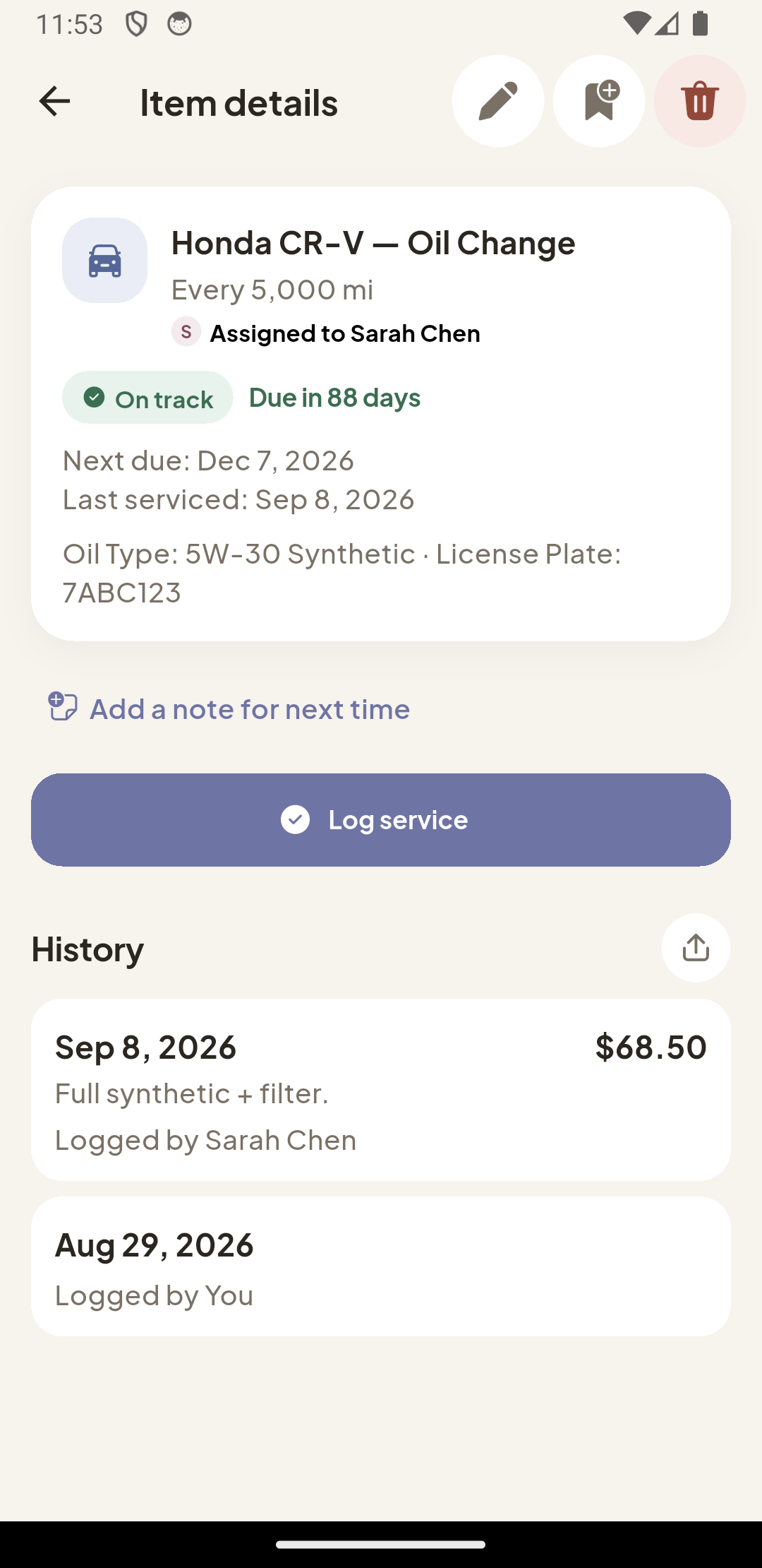 The item detail screen for a Honda CR-V oil change, with its schedule, assignee and service history